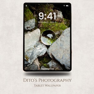 Puede incluir: Fondo de pantalla para tableta con una escena natural con rocas, musgo y una esfera de cristal. La pantalla muestra la hora 9:41, lunes 6 de enero. La parte inferior de la imagen dice "Dito's Photography" y "Tablet Wallpaper."