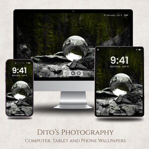 May include: A desktop computer, tablet, and smartphone display a nature-themed wallpaper featuring a crystal ball on a rocky surface. The time 9:41 is displayed on each device. The image is labeled "DITO'S PHOTOGRAPHY".