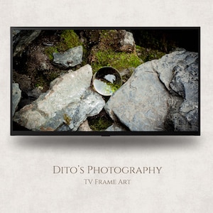 May include: A transparent glass sphere sits amidst grey rocks and green moss. The sphere reflects the surrounding environment, creating a unique visual effect. The image is framed as TV art, with the text "Dito's Photography TV Frame Art" at the bottom.