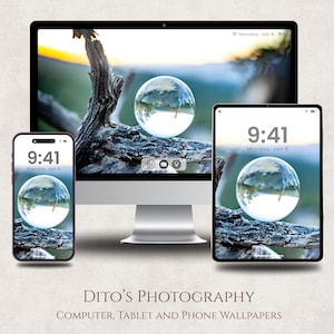 Könnte beinhalten: Ein Desktop-Computer, ein Tablet und ein Smartphone zeigen eine Naturszene mit einer Glaskugel. Auf jedem Gerät wird die Uhrzeit 9:41 angezeigt. Das Bild enthält den Text "DITO'S PHOTOGRAPHY COMPUTER, TABLET AND PHONE WALLPAPERS."