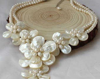 natural Freshwater Pearl shell Flower Necklace  Statement Necklace sister gift, friend gift, mothers gift, wedding gift