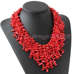 Hand-Woven 18 Inch Semi Precious Red Coral Chips Strand Statement Necklace sister gift, friend gift, mothers gift, wedding gift image 4