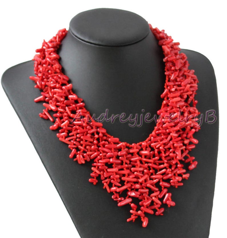 Hand-Woven 18 Inch Semi Precious Red Coral Chips Strand Statement Necklace sister gift, friend gift, mothers gift, wedding gift image 4