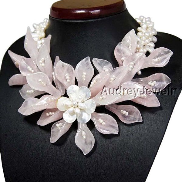 Pink crystals Pearl, shells Flower necklace , Beadwork necklace ,Bib necklace,Statement necklace,Beaded jewelry,Choker necklace