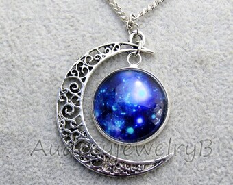 Moon Galaxy space  charm necklace Best friend necklace,bff necklace, sister, friendship jewelry, personalized