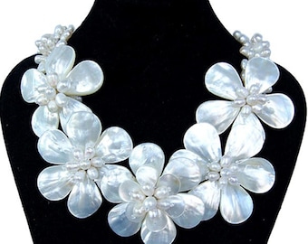 Freshwater Pearl Flower Necklace: Mother of Pearl Statement Jewelry
