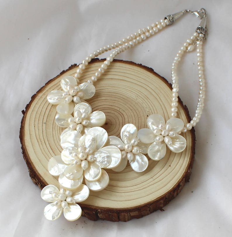 natural Freshwater Pearl shell Flower Necklace Statement Necklace sister gift, friend gift, mothers gift, wedding gift image 5