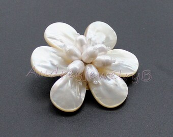 Ivory Pearl & Shell Flower Brooch: Wedding Party Jewelry - Etsy display picture 3
