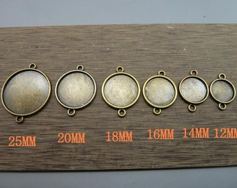 30pcs 12mm-16mm-14mm-18mm-20mm-25mm Antique Bronze Base connector with two holes Round Cameo Cabochon Base Setting Pendants