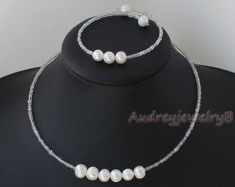 Natural freshwater pearls Bridal Bib necklace with Pearl bracelet Set Bridal Necklace, Wedding Jewelry,