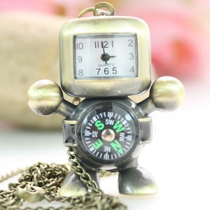 1pcs Antique Bronze Robot Compass  Watch Charms Pendant with chain ty140705