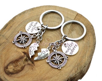 2PCS/Mother Daughter & "No Matter Where" Compass Keychain Set  Broken Heart Keychain , mother's day gift Christmas gifts, birthday gifts