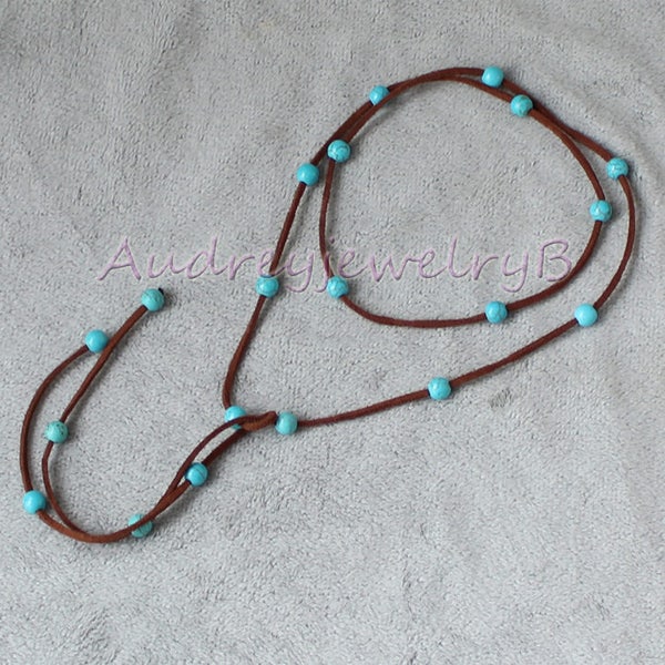 Long Hand-woven Beautiful 8mm Simulated Turquoise Howlite Beads on Colored Suede Leather Cord Wrap Necklace/bracelet for Women