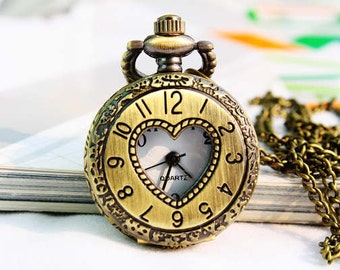 1pcs Ancient bronze Heart-shaped  Watch Charms Pendant with chain