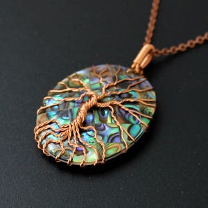 May include: A copper wire tree of life pendant with an iridescent abalone shell inlay. The pendant is on a copper chain.