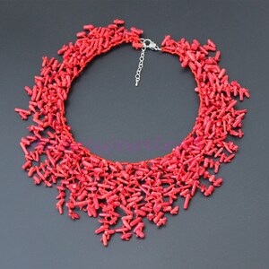 Hand-Woven 18 Inch Semi Precious Red Coral Chips Strand Statement Necklace sister gift, friend gift, mothers gift, wedding gift image 1