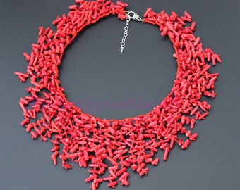 Hand-Woven 18 Inch Semi Precious Red Coral Chips Strand Statement Necklace sister gift, friend gift, mothers gift, wedding gift