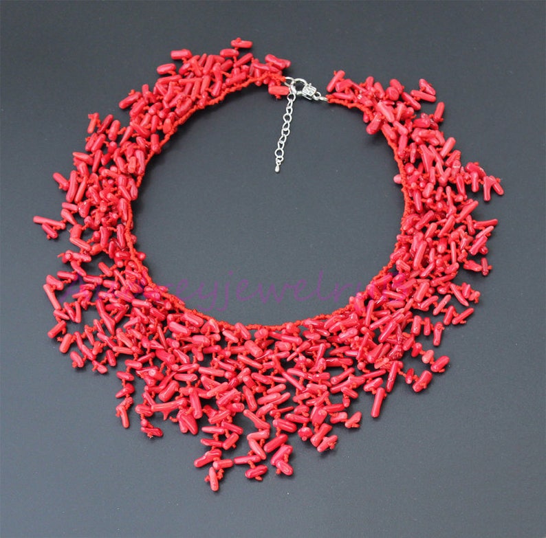 Hand-Woven 18 Inch Semi Precious Red Coral Chips Strand Statement Necklace sister gift, friend gift, mothers gift, wedding gift image 1