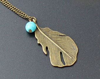 Long Mixed Metal Feather Necklace, Turquoise bead, Leaf Necklace,  Simple  Necklace, Everyday Necklace, Bridesmaids Necklace