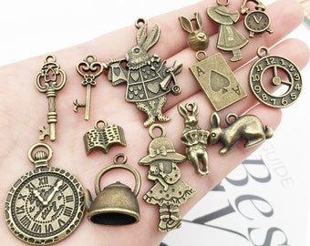 Vintage Bronze Alice in Wonderland Accessories, Rabbit, Clock, Teapot, Key, Bracelet, Necklace Accessories-one shape per order