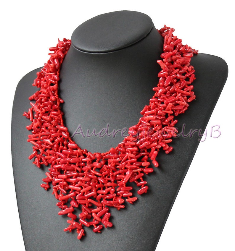 Hand-Woven 18 Inch Semi Precious Red Coral Chips Strand Statement Necklace sister gift, friend gift, mothers gift, wedding gift image 3