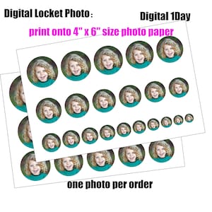 Könnte beinhalten: Ein digitales Fotodruckblatt mit mehreren Kreisen mit dem Gesicht eines jungen Mädchens. Das Blatt ist für den Druck auf Fotopapier im Format 10,16 cm x 15,24 cm ausgelegt. Der Text "Digital Locket Photo: print onto 4" x 6" size photo paper" befindet sich oben auf dem Blatt. Der Text "Digital 1Day" befindet sich oben rechts auf dem Blatt. Der Text "one photo per order" befindet sich unten auf dem Blatt.