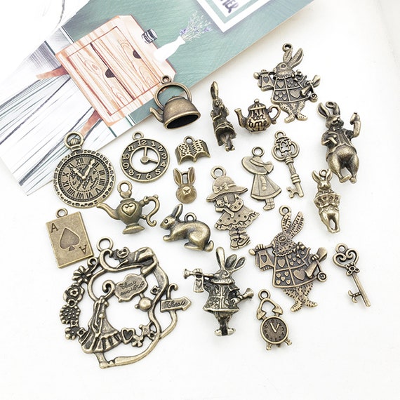 Vintage Bronze Alice in Wonderland Accessories, Rabbit, Clock, Teapot, Key, Bracelet, Necklace Accessories
