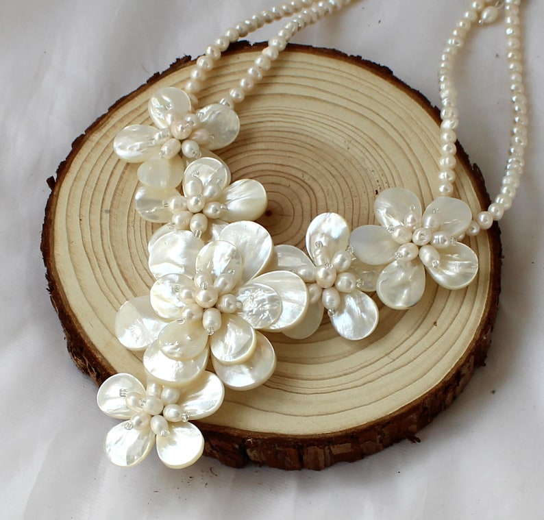 natural Freshwater Pearl shell Flower Necklace Statement Necklace sister gift, friend gift, mothers gift, wedding gift image 6