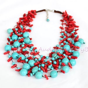 Multi Strand Turquoise koraal kralen ketting Turquoise ketting Statement ketting zus cadeau, cadeau vriend, cadeau moeder, huwelijkscadeau
