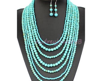 7 layers Turquoise bead Necklace with Earrings set