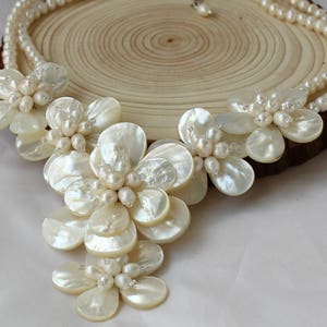 natural Freshwater Pearl shell Flower Necklace Statement Necklace sister gift, friend gift, mothers gift, wedding gift image 8