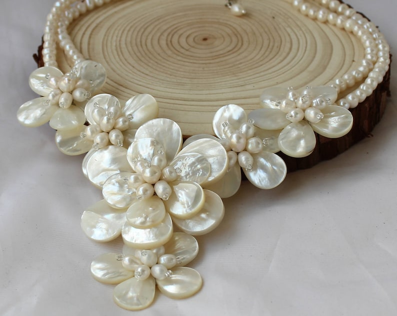 natural Freshwater Pearl shell Flower Necklace Statement Necklace sister gift, friend gift, mothers gift, wedding gift image 8