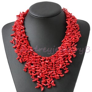 Hand-Woven 18 Inch Semi Precious Red Coral Chips Strand Statement Necklace sister gift, friend gift, mothers gift, wedding gift image 5