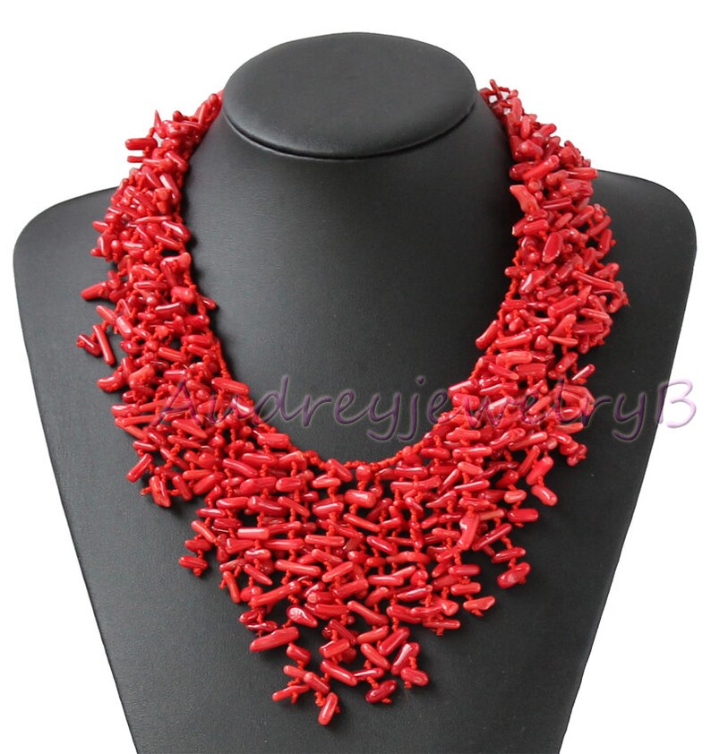 Hand-Woven 18 Inch Semi Precious Red Coral Chips Strand Statement Necklace sister gift, friend gift, mothers gift, wedding gift image 5