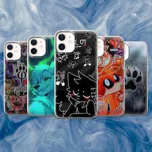 Könnte beinhalten: Fünf transparente Handyhüllen mit verschiedenen bunten Designs. Die Designs umfassen einen Wolf, einen Hund, einen Pfotenabdruck und andere Cartoon-Charaktere. Die Hüllen werden vor einem blau-weißen Hintergrund präsentiert.