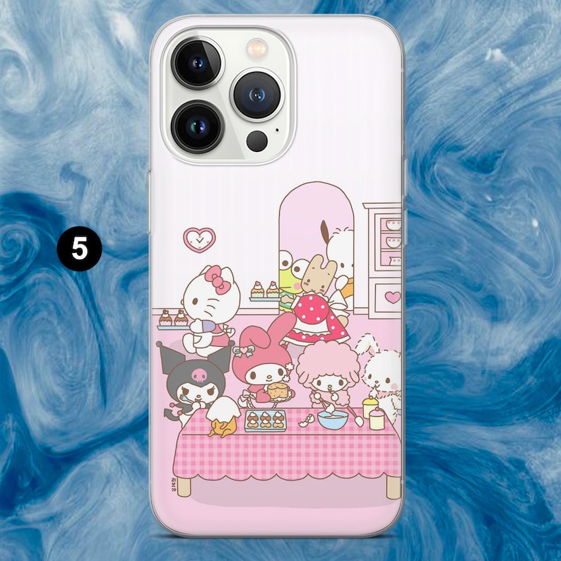 May include: A white phone case featuring a colorful illustration of cartoon characters baking in a kitchen setting. The design includes a pink tablecloth, a heart, and the number 5.