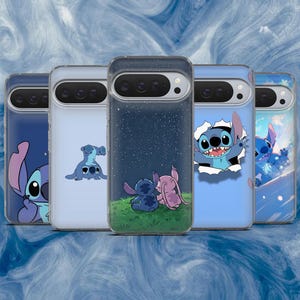 May include: Five clear phone cases featuring various illustrations of the blue alien character Stitch. The designs include Stitch looking at stars, sitting on grass, peeking through a torn paper effect, and playing in a snowy landscape.