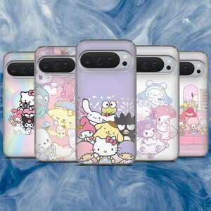 May include: Five clear phone cases with colorful cartoon character designs. Each case features a different design, including characters like Hello Kitty, My Melody, and others. The cases have a transparent border and a glossy finish, showcasing the vibrant artwork.