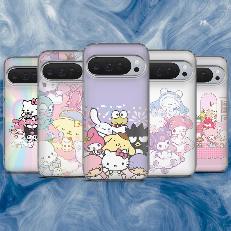 May include: Five clear phone cases with colorful cartoon character designs. Each case features a different design, including characters like Hello Kitty, My Melody, and others. The cases have a transparent border and a glossy finish, showcasing the vibrant artwork.