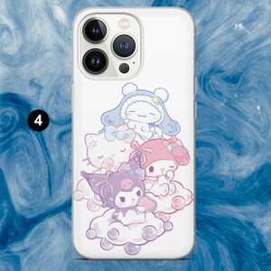 May include: A white phone case featuring a colorful illustration of cartoon characters. The design includes characters in blue, pink, and purple, with a cloud motif. The case has a clear border and a camera cutout.