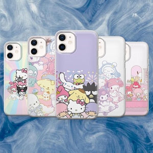 May include: Five phone cases with colorful cartoon character designs. The cases feature a variety of characters on a light purple, white, and pastel rainbow background. The cases are made of clear plastic and have a glossy finish.