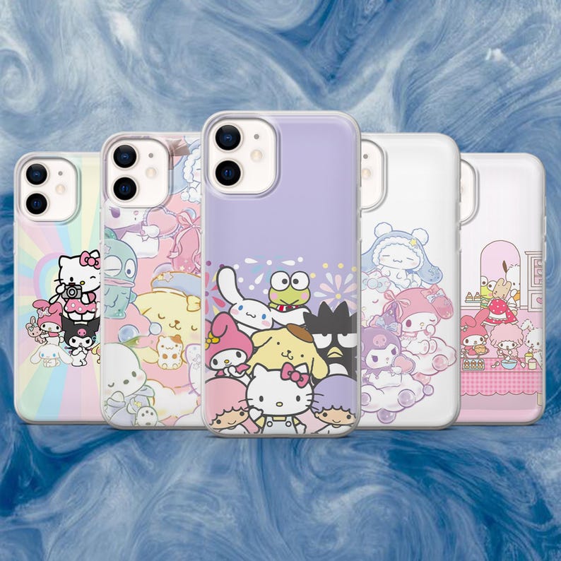 May include: Five phone cases with colorful cartoon character designs. The cases feature a variety of characters on a light purple, white, and pastel rainbow background. The cases are made of clear plastic and have a glossy finish.