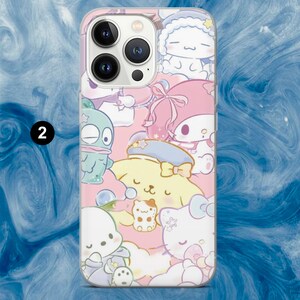 May include: A clear phone case featuring a colorful cartoon design with various characters in shades of pink, yellow, blue, and white. The case has a glossy finish and a camera cutout.