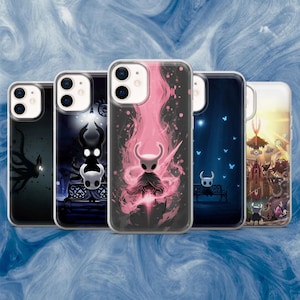 May include: Five clear phone cases with fantasy-themed illustrations. Designs include a silhouetted creature, a character with a glowing head, and a figure with a pink flame backdrop. The cases are designed for a smartphone.