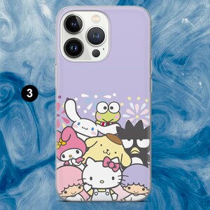 May include: A lavender phone case featuring a colorful graphic of cartoon characters. The case has a clear border and a design of various characters, including a white rabbit, a frog, and a cat with a pink bow. The case is designed for a smartphone.