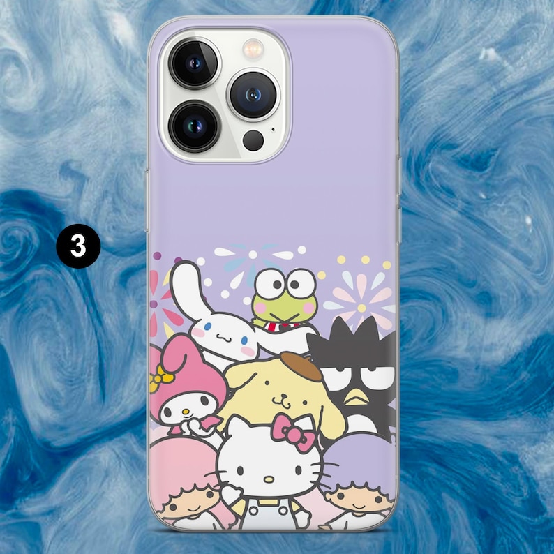 May include: A lavender phone case featuring a colorful graphic of cartoon characters. The case has a clear border and a design of various characters, including a white rabbit, a frog, and a cat with a pink bow. The case is designed for a smartphone.