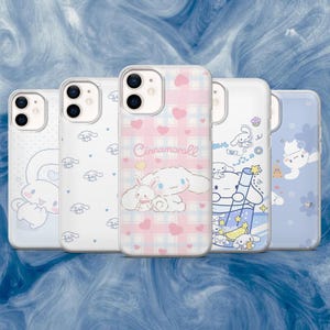 May include: Five clear phone cases with various designs. One case has a pink and white plaid pattern with hearts and the word "Cinnamoroll". Other cases feature cartoon characters in white, blue, and pink.