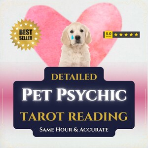 May include: An advertisement for a pet psychic tarot reading. A golden retriever puppy with a blue tear is centered above a navy blue banner with white text that reads "DETAILED PET PSYCHIC TAROT READING SAME HOUR & ACCURATE". A pink heart and a "Best Seller" badge are in the background.
