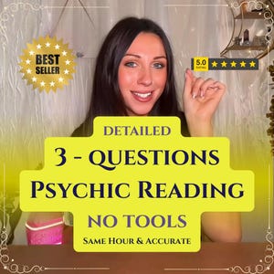 May include: A woman smiling in front of a yellow sign that reads "DETAILED 3 - QUESTIONS PSYCHIC READING NO TOOLS SAME HOUR & ACCURATE." A "BEST SELLER" badge and a 5-star rating are also visible.