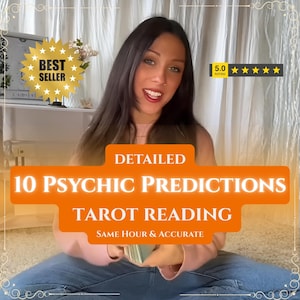 May include: Image featuring a woman holding tarot cards, with text overlay: "DETAILED 10 PSYCHIC PREDICTIONS TAROT READING SAME HOUR & ACCURATE." A "BEST SELLER" badge and a 5-star rating are also visible.